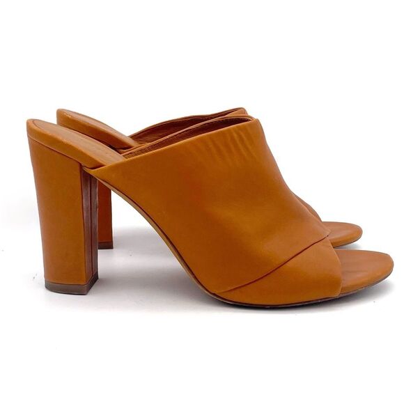 Vince Heath Leather Peep Toe High Block Heeled Mule Cognac Brown Women’s Size 8 - Picture 5 of 16